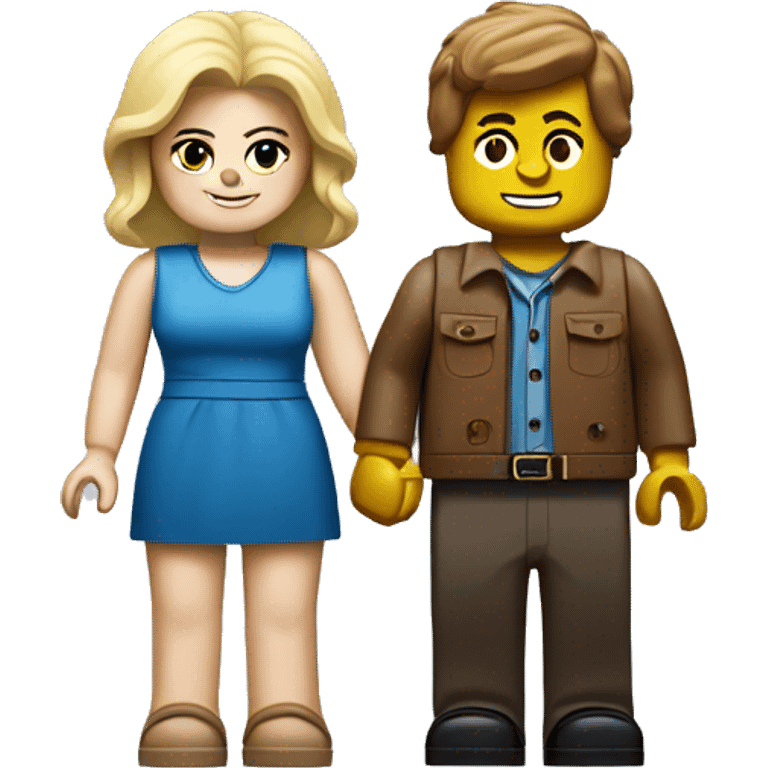 a fat blonde girl and brown-haired boy as lego people holding hands emoji