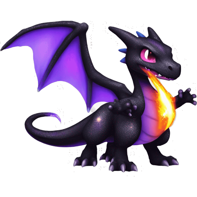 Black shiny sparkly chibi Charizard-Raptor-Fakémon with purple flame on tail full body emoji