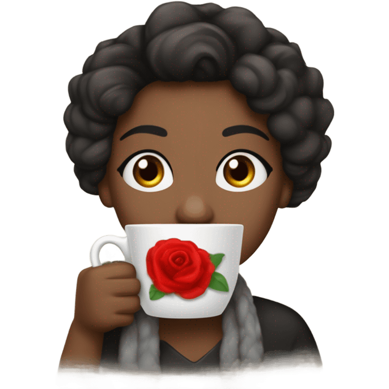 Una mujer ojos grande cabellos negro hasta los hombres gran sonrisa suéter blanco una bufanda roja tez clara y bebiendo una taza de café  emoji