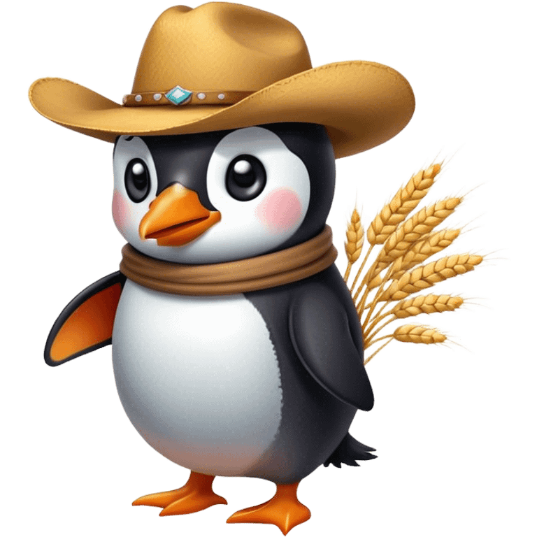 Penguin with cowboy hat and wheat in mouth emoji