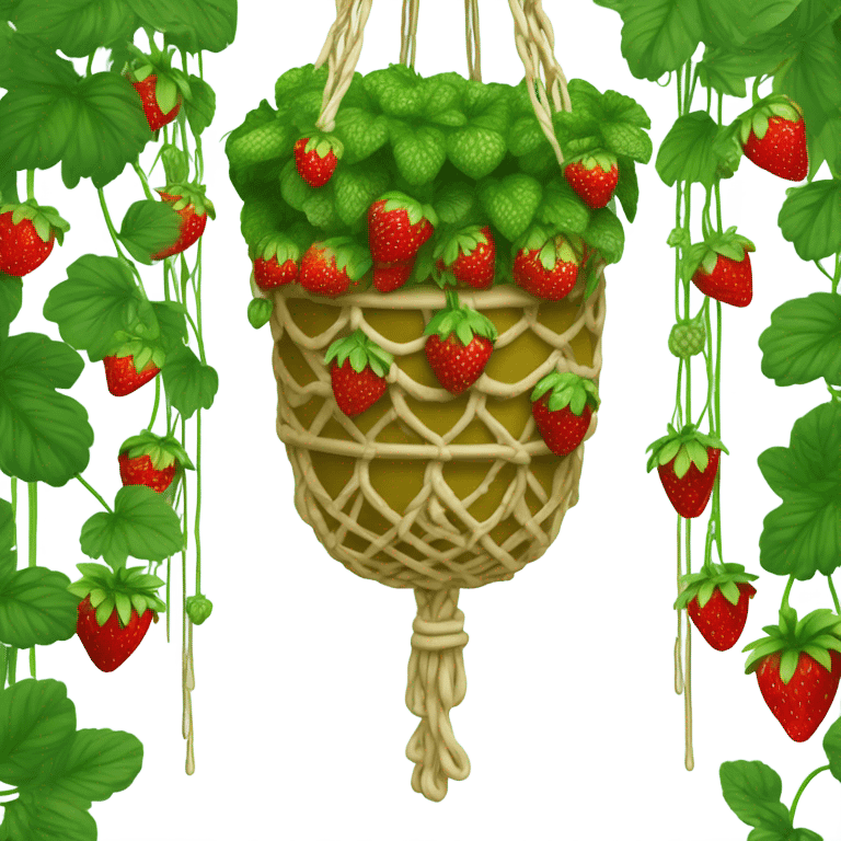 Hanging macrame gold planter with strawberries growing down  emoji