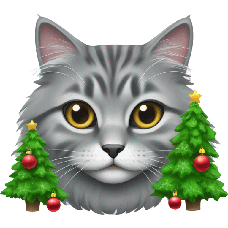 Gray Siberian cat and a Christmas tree  emoji