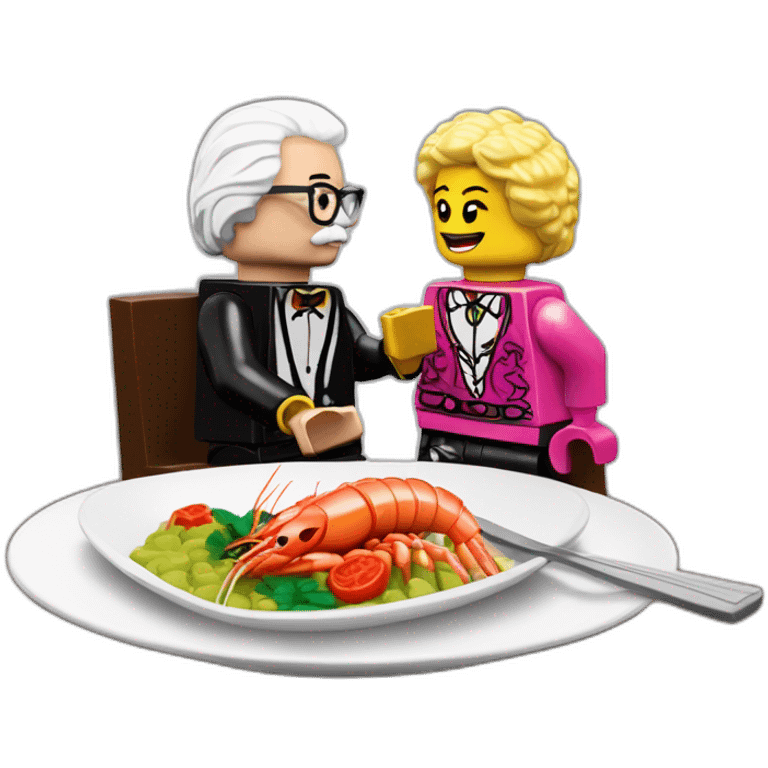 Des Lynam eating prawns with LEGO Lily Savage emoji