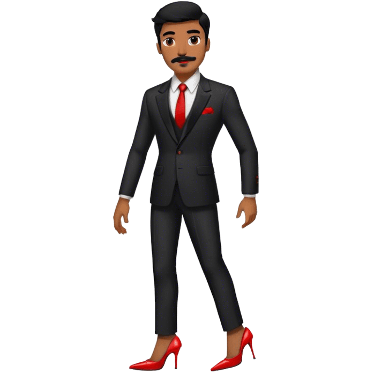 Man in a black suit suit and red strappy high heels with black hair and black mustache and brown skin emoji