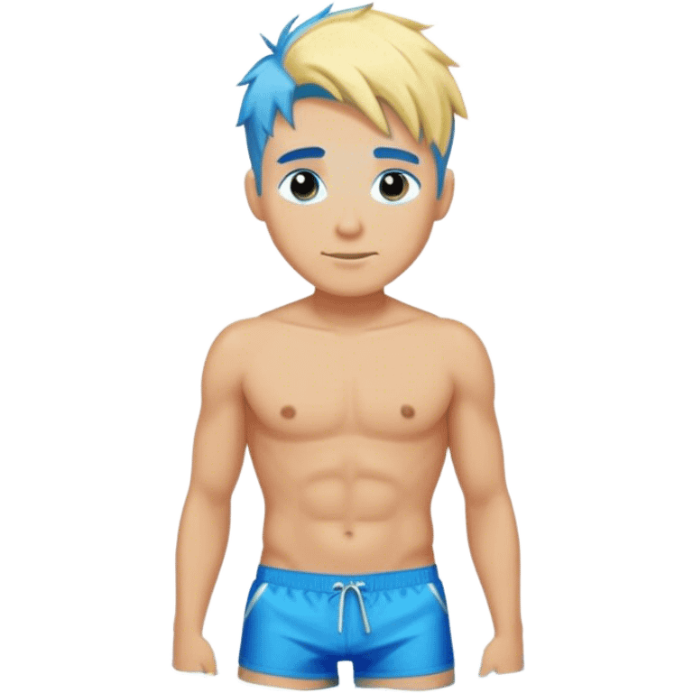 hot blond handsome  Man in blue swimming shorts with blue hair emoji