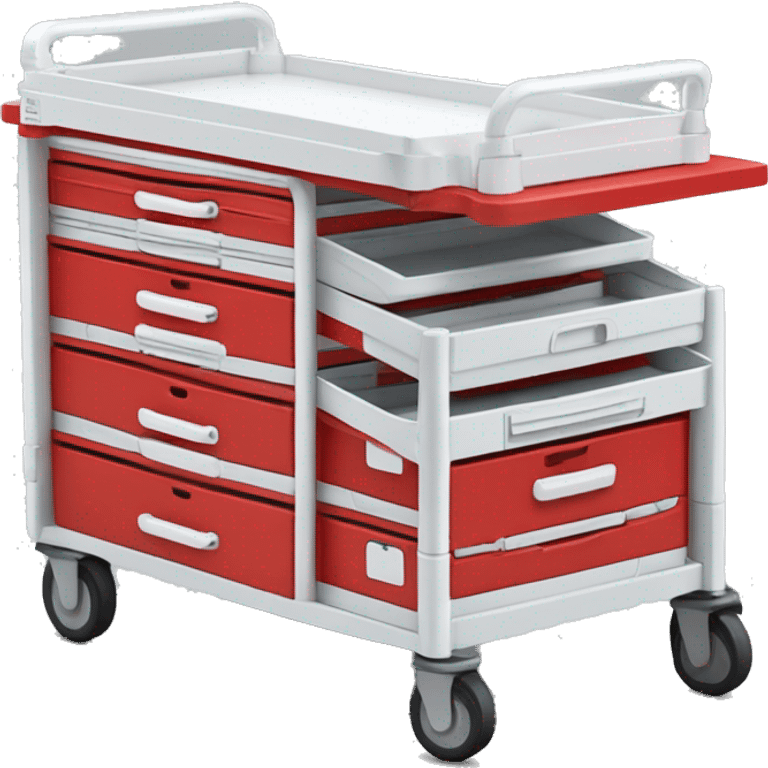 Singular Red medical crash cart is a mobile, multi-drawer unit designed to store and organize emergency medical supplies and equipment emoji