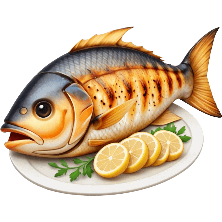 Cinematic Realistic Gradele (Grilled Fish) Dish Emoji, depicted as perfectly grilled fish with a smoky, charred finish rendered with lifelike detail and appetizing, natural lighting. emoji