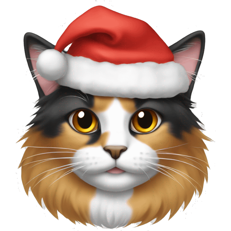 Long hair calico cat wearing a Christmas hat emoji