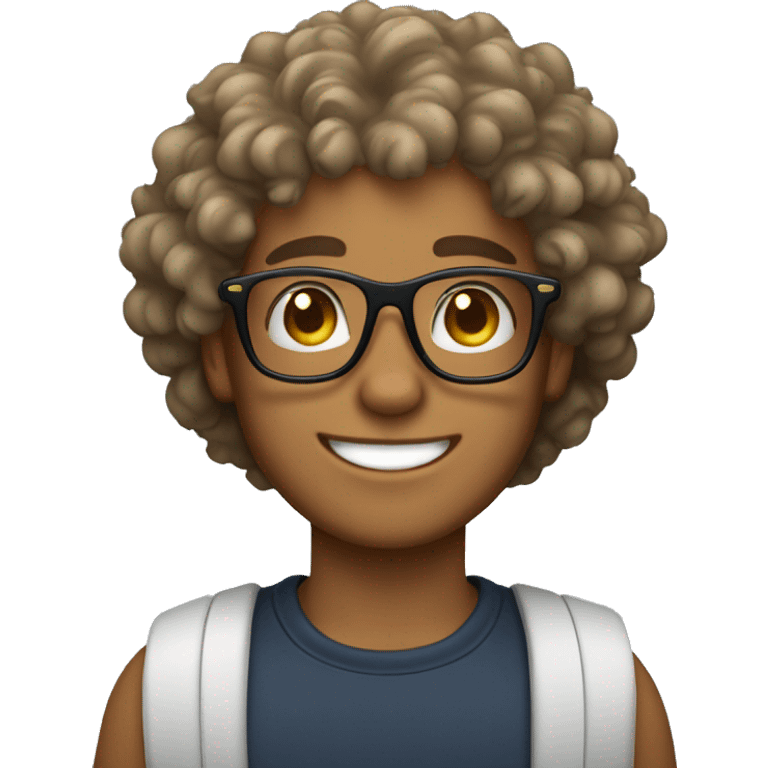 a tan skin curly hair boy wearing glasses smiling emoji