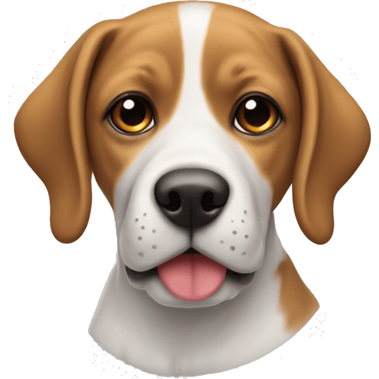 Dog mestizo beagle and labrador, with red face and ears, around the nose white and white stripe on the nose, around the eyes black emoji