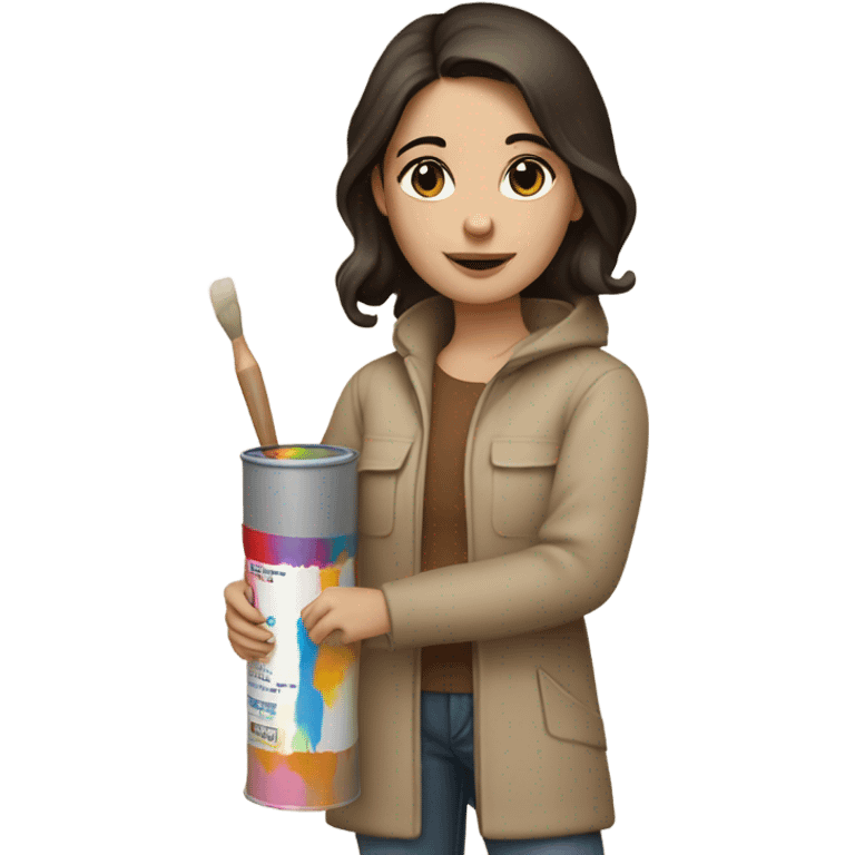 fair-skinned girl with dark hair and brown eyes in beige and brown clothes holding tubes of art paint paint emoji