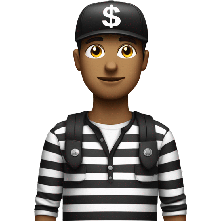 A man with striped black and white shirt a black cap and a black eye tag with a cash bag emoji