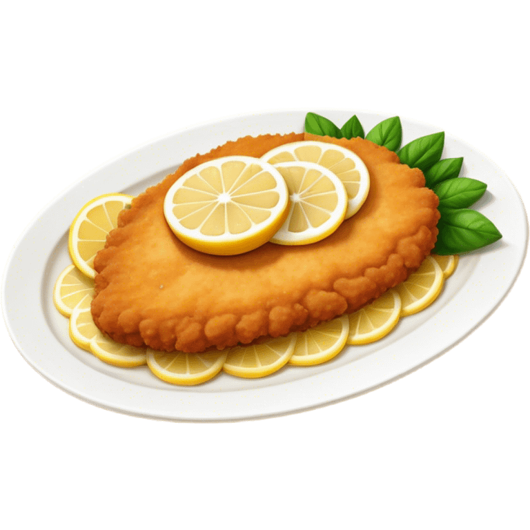 Cinematic Realistic Veal Schnitzel Dish Emoji, depicted as a golden, breaded veal cutlet served with lemon rendered with crisp textures and inviting, natural lighting. emoji