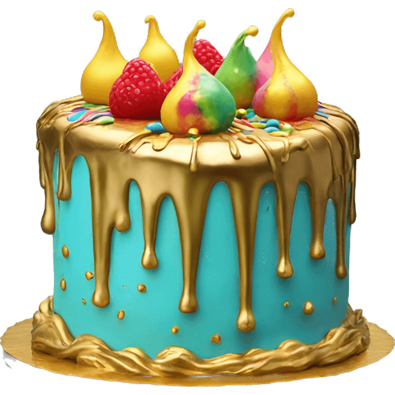 Realistic isolated colorful cake with metallic gold icing dripping from top and all down along the cake emoji