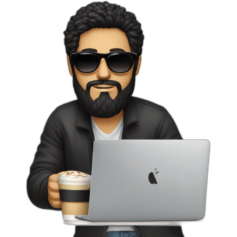 Designer with black hair, beard and round sunglasses working with MacBook and drinking cappuccino  emoji