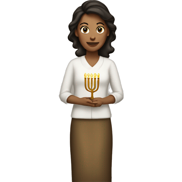 A white brunette woman holding a menorah emoji