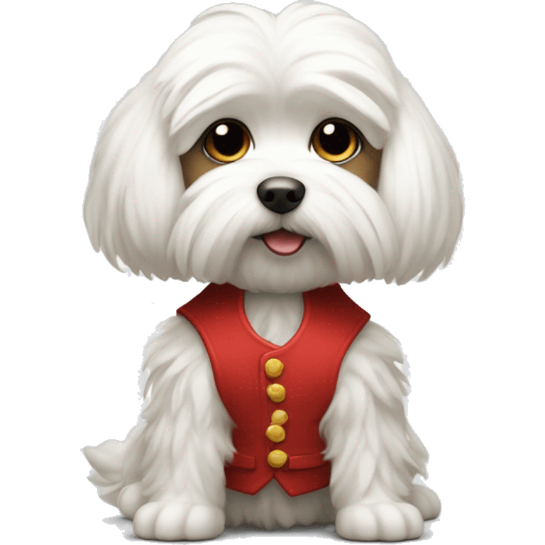 Maltese wearing a red vest with to bleck straps one in the front one around the belly  emoji