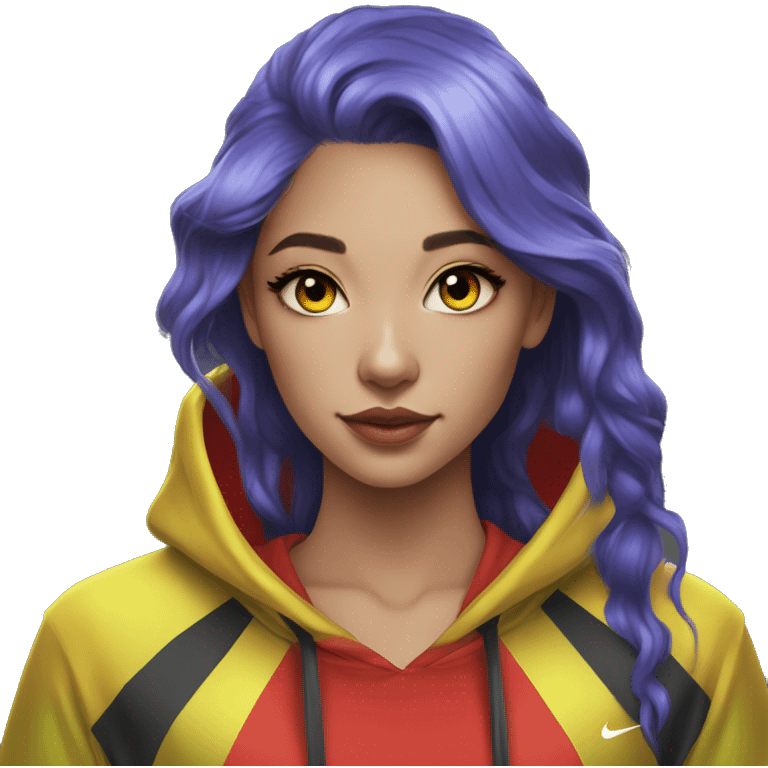 Lady with brunette and iridescent blue hair, gold, lime green dragon wings, black hoodie, oilslick holographic, black and gold Nike t shirt, and bright red eyes emoji