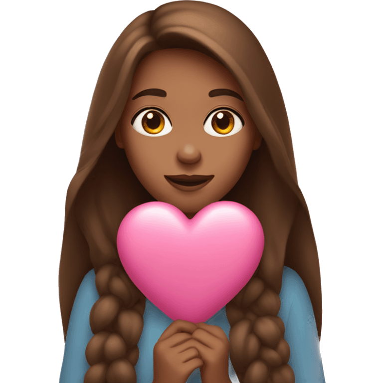 girl with long brown hair holding a pink heart in her hands emoji