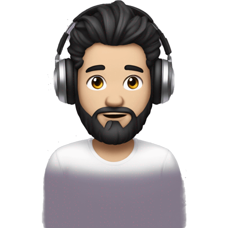 a DJ with white skin, using a headset, horns, straight black hair that is piled up at the front forming a topknot and a gradient beard joining the hair, he is 35 years old. emoji