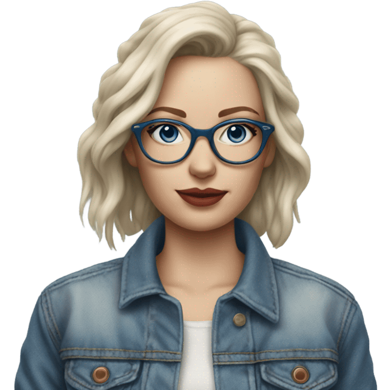 Hyper Realistic pale beautiful tattooed woman with glasses and blue eyes wearing denim jacket emoji