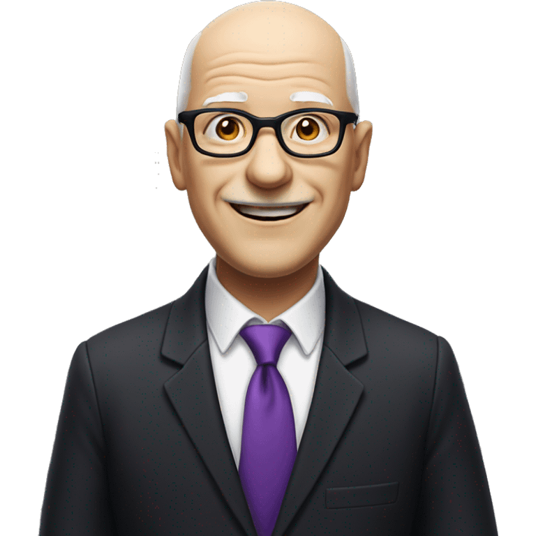 white, bald old man wearing a black suit with a purple tie and glasses, with no mustache, smiling with teeth, standing back emoji