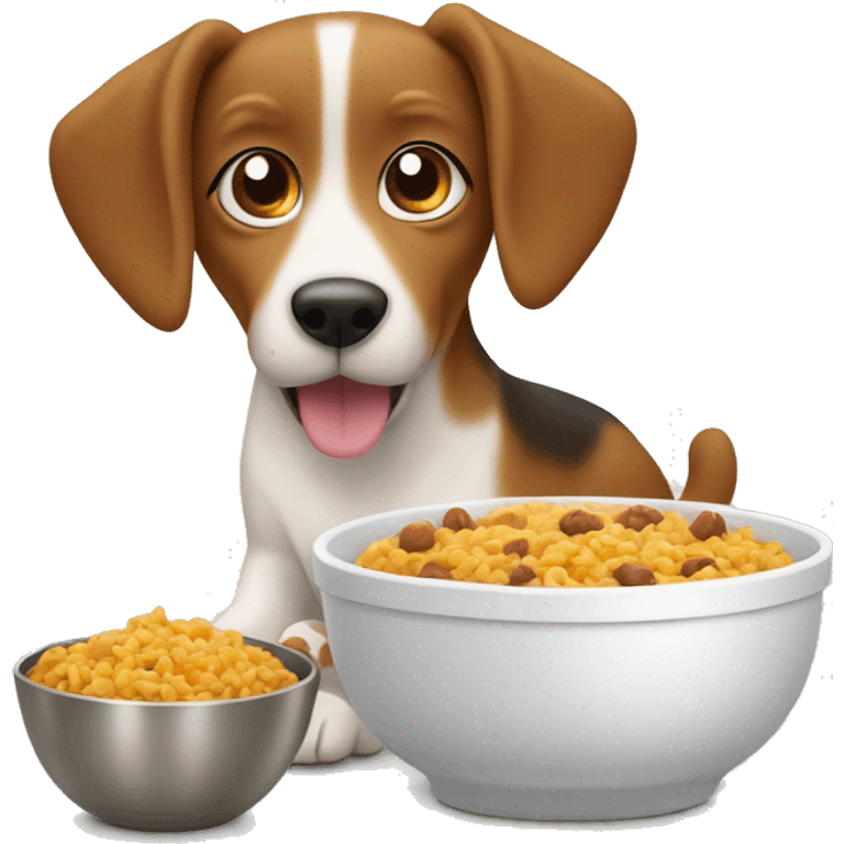 A cute dog with a recipe for food in the bowl in front of it means not just simple food in the bowl but a recipe food that the dog is eating. emoji