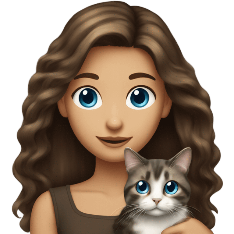 Long haired brunette blue eyed girl holding a long haired tortishell cat emoji