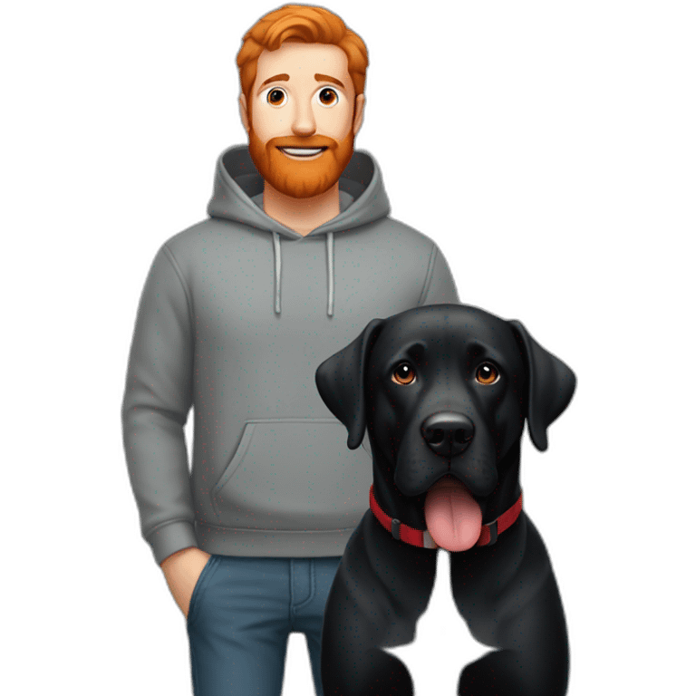 a man in a grey hoodie with a red beard, standing next to a black Labrador emoji