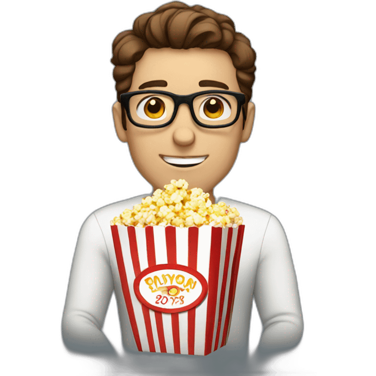 White Male with Brown Hair with Glasses Holding Popcorn emoji