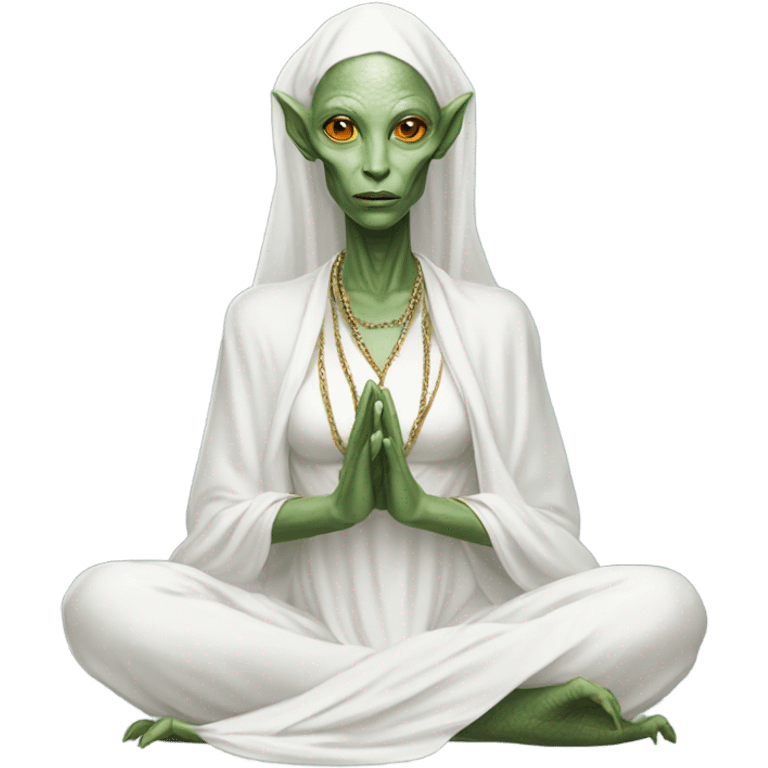 a Reptilian alien woman,in meditation, white dress like a priestess emoji