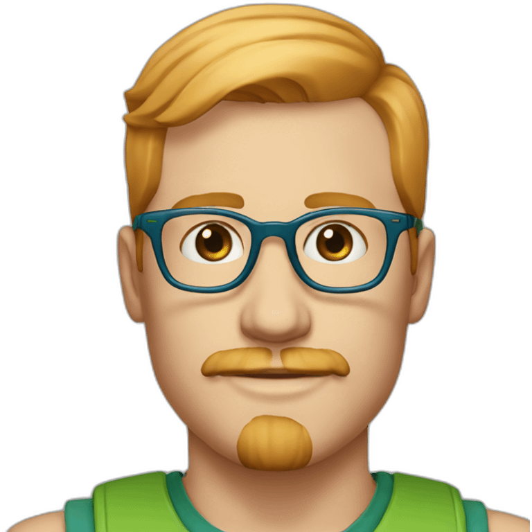 35 year old man with strawberry blond hair, clean shaved chin with moustache, blue eyes and round green glasses emoji