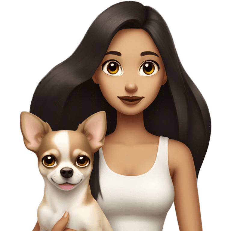 A girl with long very dark brown hair, big brown eyes, very big lips wearing a white singlet top, she is holding a small very light yellow chihuahua  emoji