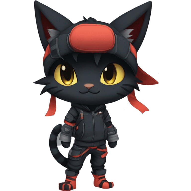 Edgy tomboy Shy Anthro Ninja boyish cool pretty dark black Litten-Pokémon-cat-fursona-animal techwear emoji