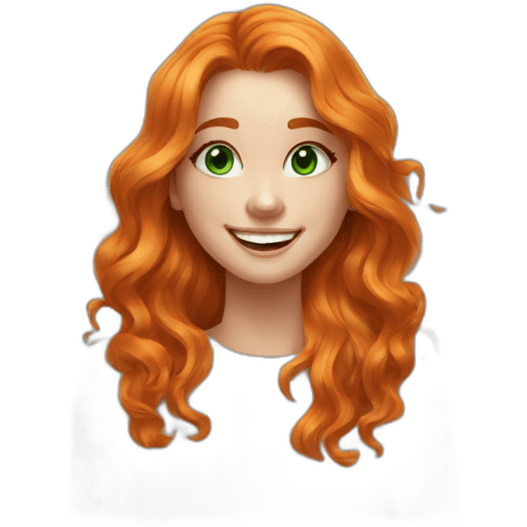 beautiful girl, white, with orange/ginger long loose wavy hair, green eyes, smiling, good teeth, white sweater, she laughs and waves her hand, realistic drawing emoji