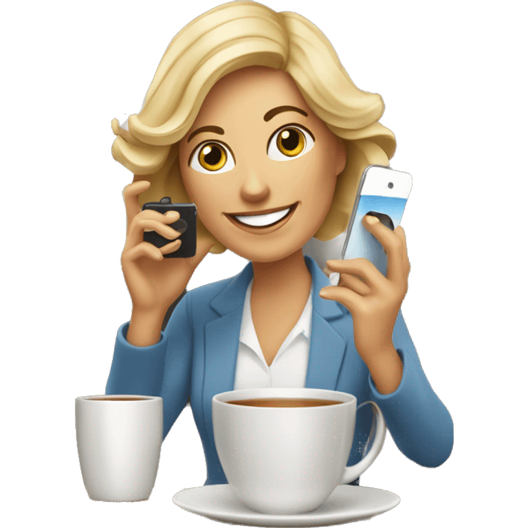 Happy Lady corporate business owner shooting tea photos with her phone emoji