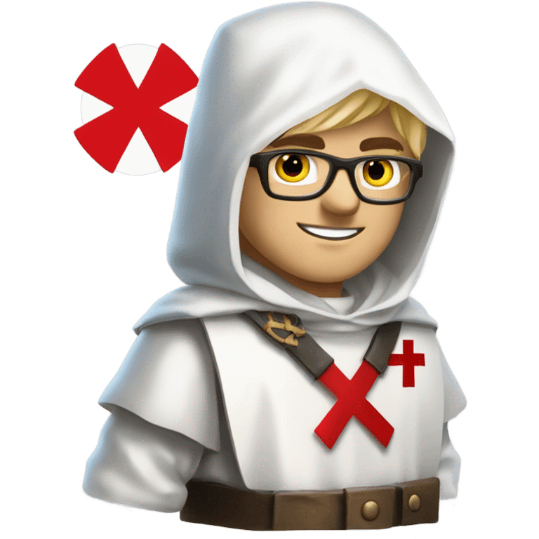 blond haired Masonic knight Templar wearing glasses and a white tunic with a Red Cross on the front and a white mantle with a hood with a Red Cross on the left side and a male face  and holding a sword. emoji