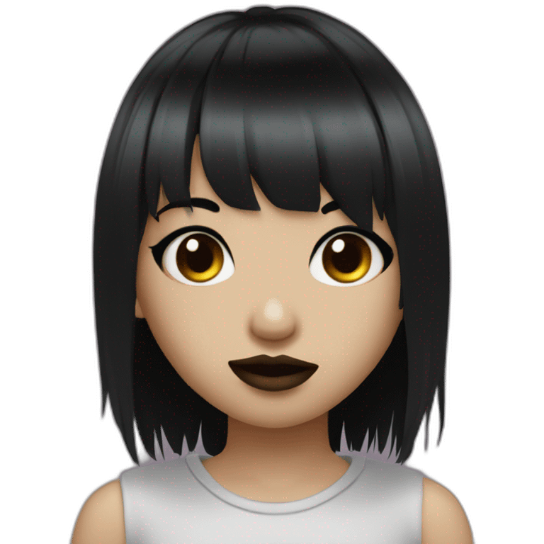 Emo girl with black strait hair with bangs and piercings On her septum and middle lip emoji