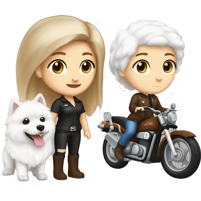 Biker girl white skin brown shorty hair and girl white skin brown long hair and a Samoyed emoji