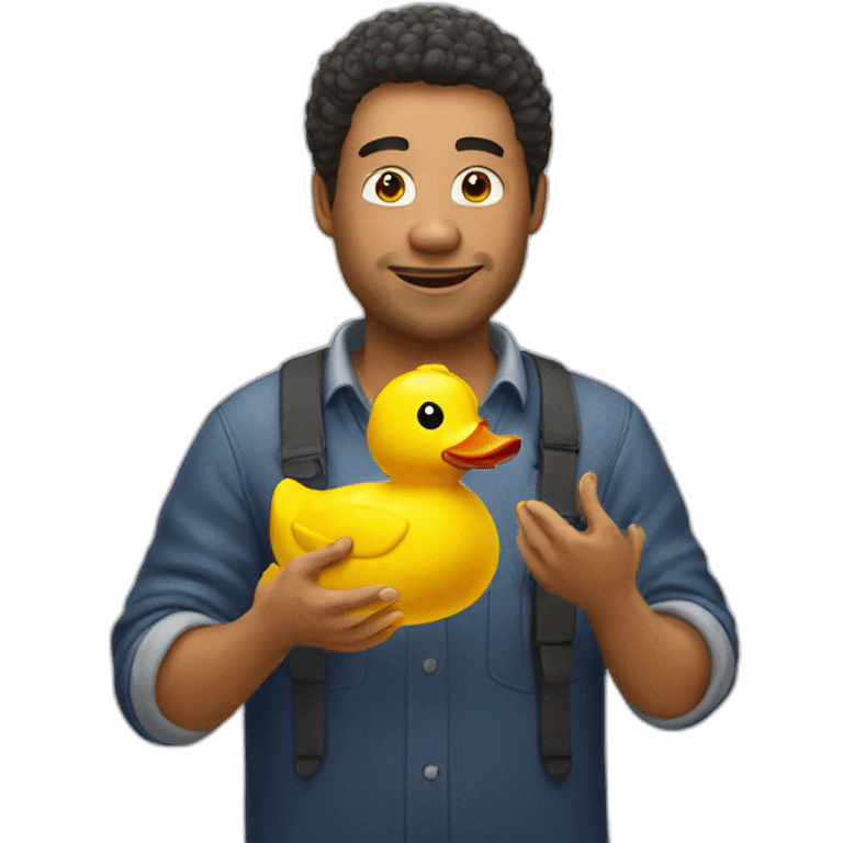 A man talking to rubber duck emoji