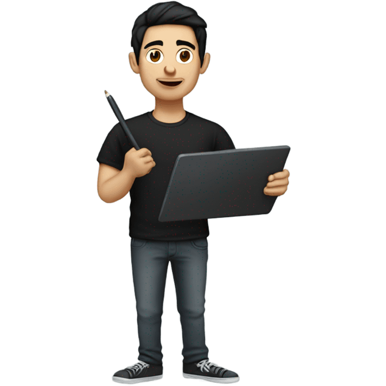 skinny guy with drawing tablet with black hair in black t-shirt emoji