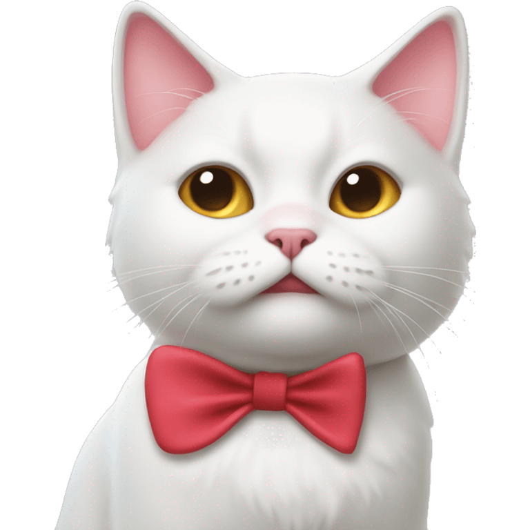 A white cartoon cat with a red bow on its left ear, looking unwell., disgusting a pink liquid out of his mouth emoji