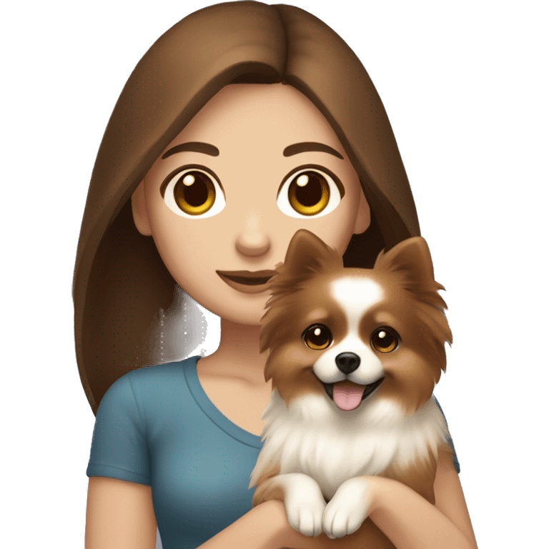 Straight brown hair girl with brown eyes with white skin holding a pomeranian emoji