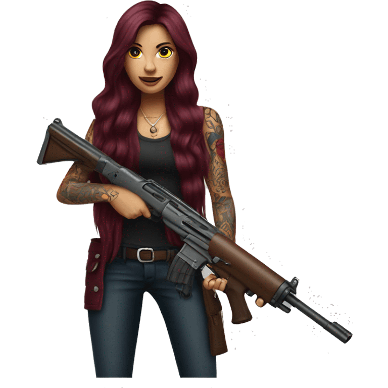 Beautiful tattooed burgundy long haired woman with a gun emoji