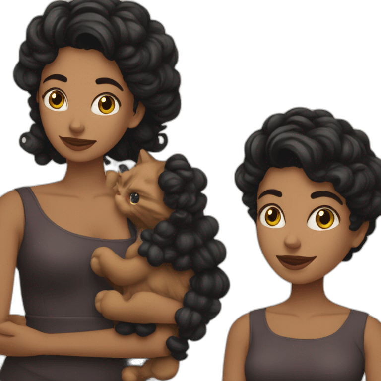 Mujer morena con pelo rizado con un gato negro emoji