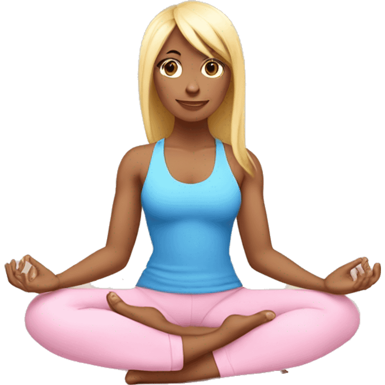 blonde with bangs and blue eyes yoga girl light pink clothes sitting on yoga mat emoji