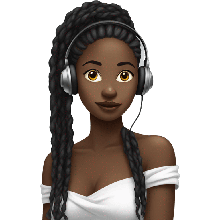 African girl. Black long twists. Wearing white headphones. Listening to music. Wearing an off the shoulder top. emoji