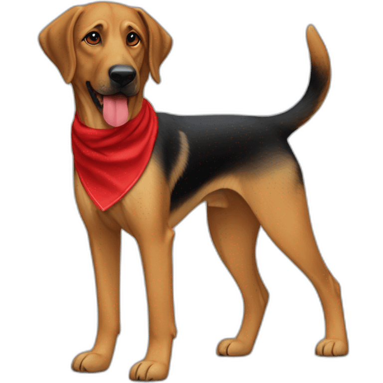 65% Coonhound 35% German Shepherd mix dog wearing small plain red bandana walking left emoji