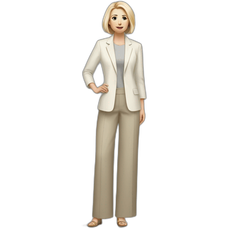 Full height Actively gesturing with hands pale skin woman with ash blonde Straightened bob Hair, White Spacious classical jacket, beige palazzo Arrow pants and gray blouse emoji