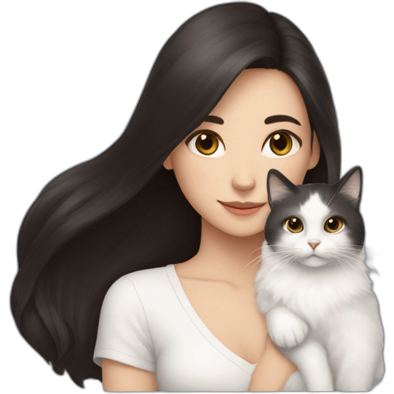 A girl with long dark hair and a white fluffy cat is lying on her right shoulder emoji